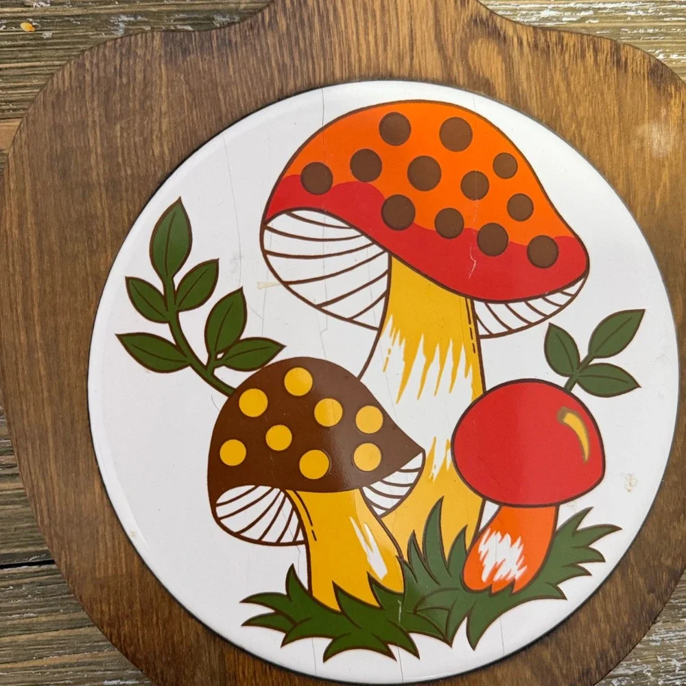 Vintage Merry Mushroom Wood Ceramic Trivet Brown Orange Boho Cottagecore Japan